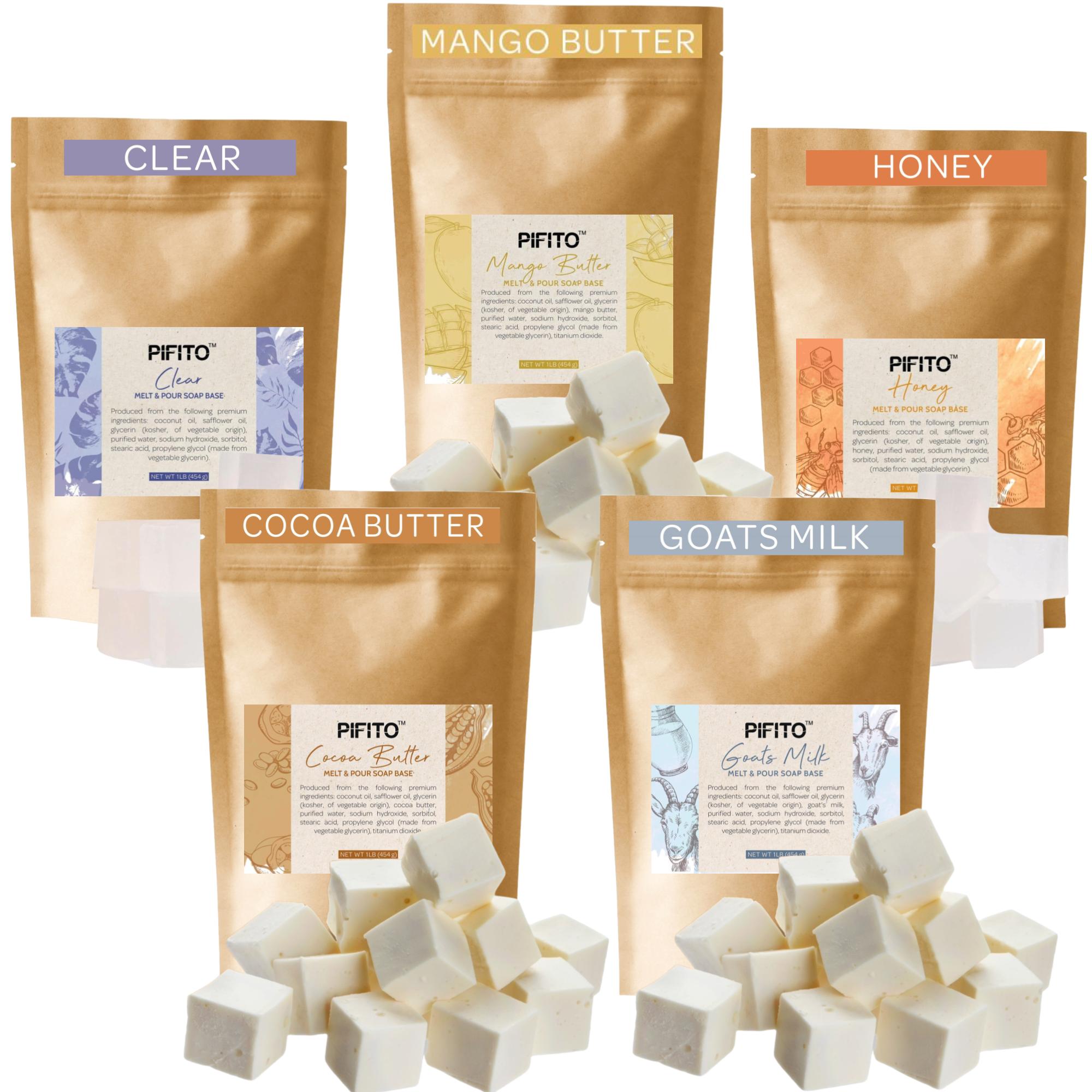 Pifito Melt And Pour Soap Base Sampler (7 Lbs) │ Assortment Of 7 Bases (1lb Ea) │ Clear, White, Goats Milk, Shea Butter, Oatmeal, Honey, Olive Oil