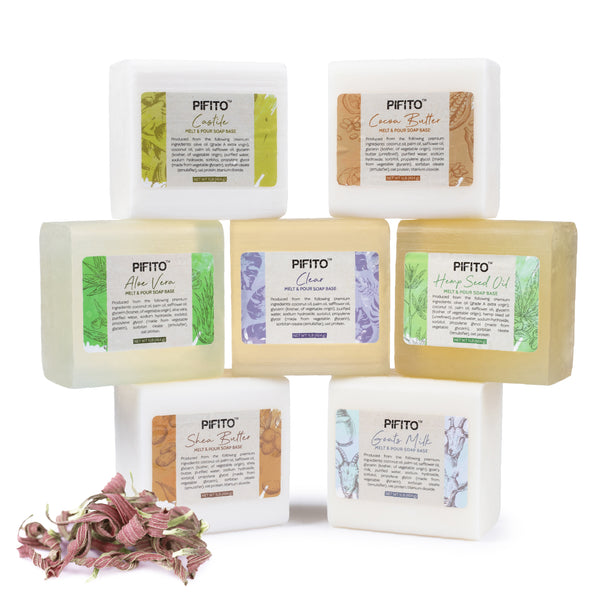 Pifito Melt and Pour Soap Base Sampler (7 lbs) - Hemp Seed Oil, Clear, Aloe Vera, Goats Milk, Cocoa Butter, Shea Butter, Castile (1lb ea)