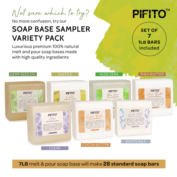 Pifito Melt and Pour Soap Base Sampler (7 lbs) - Hemp Seed Oil, Clear, Aloe Vera, Goats Milk, Cocoa Butter, Shea Butter, Castile (1lb ea)