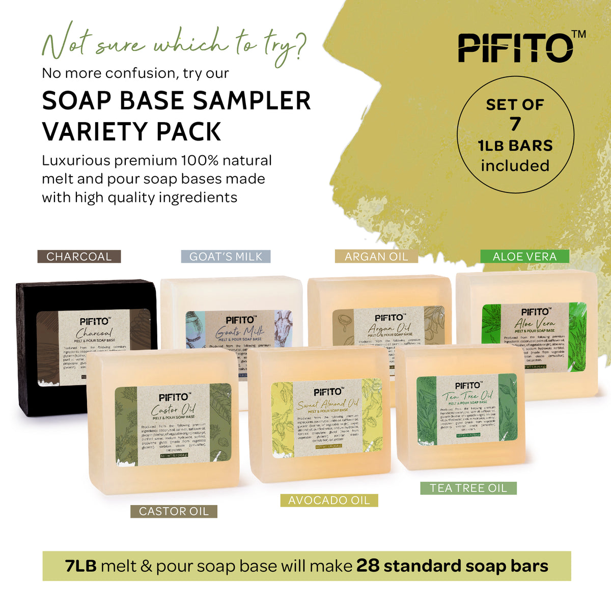 Pifito Premium Melt and Pour Soap Base Sampler - Assortment of 7 Bases 1lb ea Clear White Goats Milk Shea Butter Oatmeal Honey