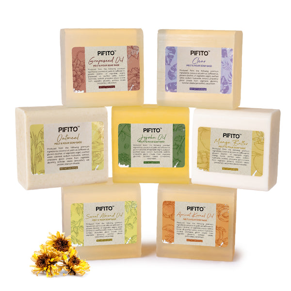 Pifito Melt and Pour Soap Base Sampler (7 lbs) - Jojoba Oil, Sweet Almond Oil, Mango Butter, Apricot Kernel Oil, Grapeseed Oil, Oatmeal, Clear (1lb ea)