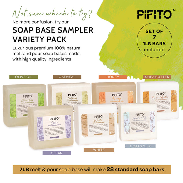 Pifito Melt and Pour Soap Base Sampler (7 lbs) - Clear, White, Goats Milk, Shea Butter, Oatmeal, Honey, Olive Oil (1lb ea)