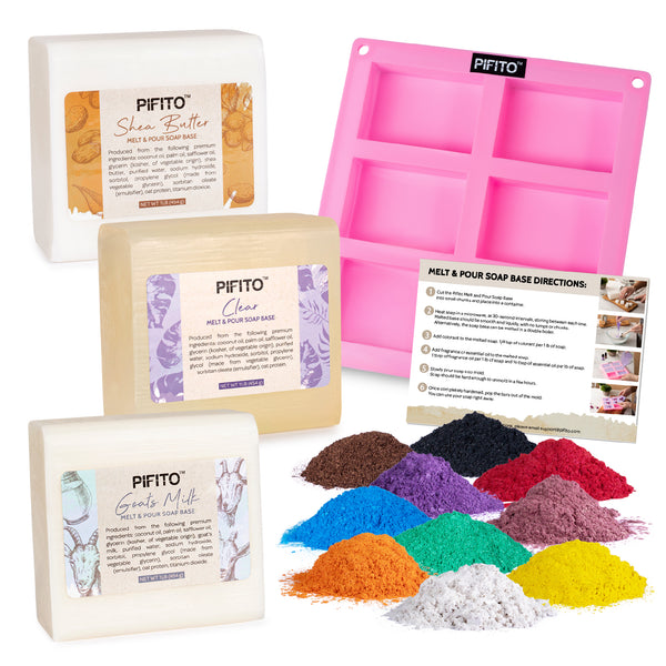 Pifito DIY Soap Making Kit │ 3 lbs Melt and Pour Soap Base (Goats Milk, Shea Butter, Clear), 10-Pack Mica "Original" Colorants Sampler, Mold and Instructions