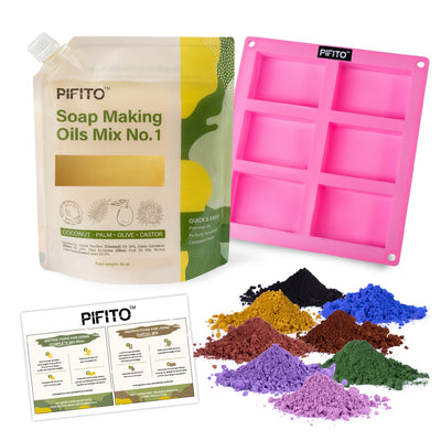 Pifito Cold Process Soap Making Kit │ Oils Mix No. 1 60 Oz Blend of Pre-Measured Oils, 8-Pack Colorants Sampler, Mold and Instructions. DIY Soap Making Supplies