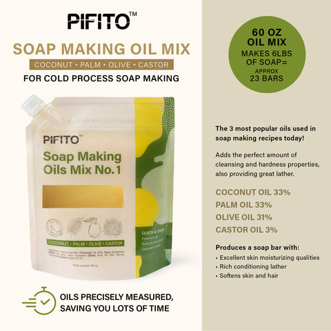 Pifito Cold Process Soap Making Kit │ Oils Mix No. 1 60 Oz Blend of Pre-Measured Oils, 8-Pack Colorants Sampler, Mold and Instructions. DIY Soap Making Supplies