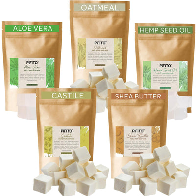 Pifito Pre-Cut Melt and Pour Soap Base Sampler (5 lbs) │ Cut-Up Pieces of Soap Base (1lb ea) │ Shea Butter, Oatmeal, Aloe Vera, Hemp Seed Oil, Castile │ Glycerin Soap Making Supplies Kit