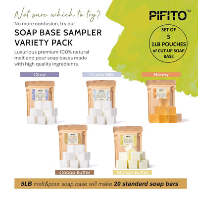 Pifito Pre-Cut Melt and Pour Soap Base Sampler (5 lbs) │ Cut-Up Pieces of Soap Base (1lb ea) │ Goats Milk, Honey, Clear, Cocoa Butter, Mango Butter