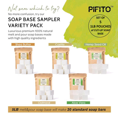 Pifito Pre-Cut Melt and Pour Soap Base Sampler (5 lbs) │ Cut-Up Pieces of Soap Base (1lb ea) │ Shea Butter, Oatmeal, Aloe Vera, Hemp Seed Oil, Castile │ Glycerin Soap Making Supplies Kit