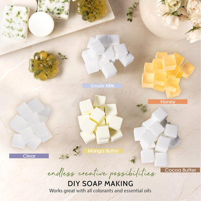 Pifito Pre-Cut Melt and Pour Soap Base Sampler (5 lbs) │ Cut-Up Pieces of Soap Base (1lb ea) │ Goats Milk, Honey, Clear, Cocoa Butter, Mango Butter