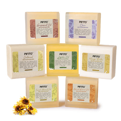 Pifito Melt and Pour Soap Base Sampler (7 lbs) - Jojoba Oil, Sweet Almond Oil, Mango Butter, Apricot Kernel Oil, Grapeseed Oil, Oatmeal, Clear (1lb ea)