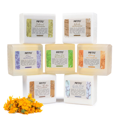 Pifito Melt and Pour Soap Base Sampler (7 lbs) - Clear, White, Goats Milk, Shea Butter, Oatmeal, Honey, Olive Oil (1lb ea)