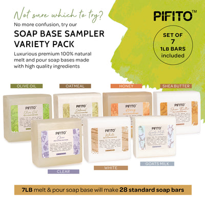 Pifito Melt and Pour Soap Base Sampler (7 lbs) - Clear, White, Goats Milk, Shea Butter, Oatmeal, Honey, Olive Oil (1lb ea)