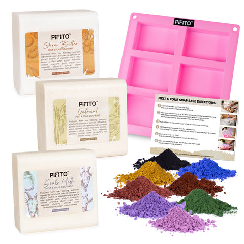 Pifito DIY Soap Making Kit │ 3 lbs Melt and Pour Soap Base (Shea Butter, Goats Milk, Oatmeal), 8-Pack Oxide Pigment Colorants Sampler, Mold and Instructions